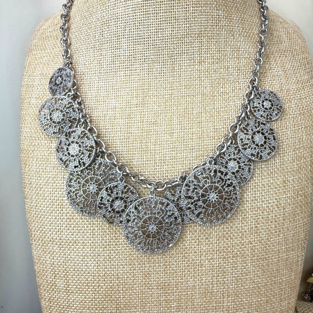 Boho Filigree Mandala Silver Statement Medallion Retro Necklace